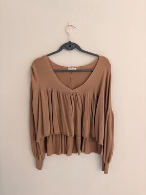 vestique Tiered V-Neck Peplum Blouse - Brown